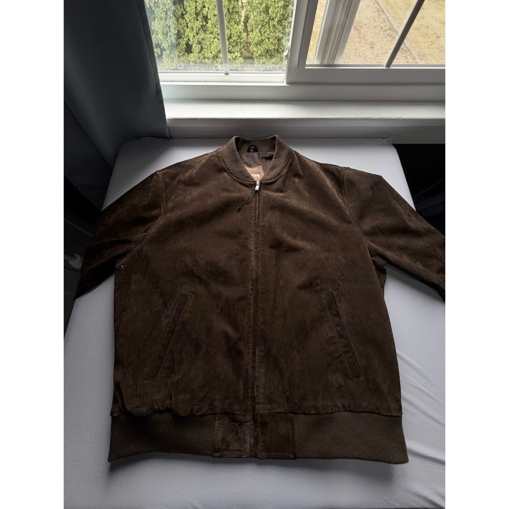 NWOT Flavor Men's Brown Leather Suede Bomber Jacket XL Full Zip Ribbed Trim